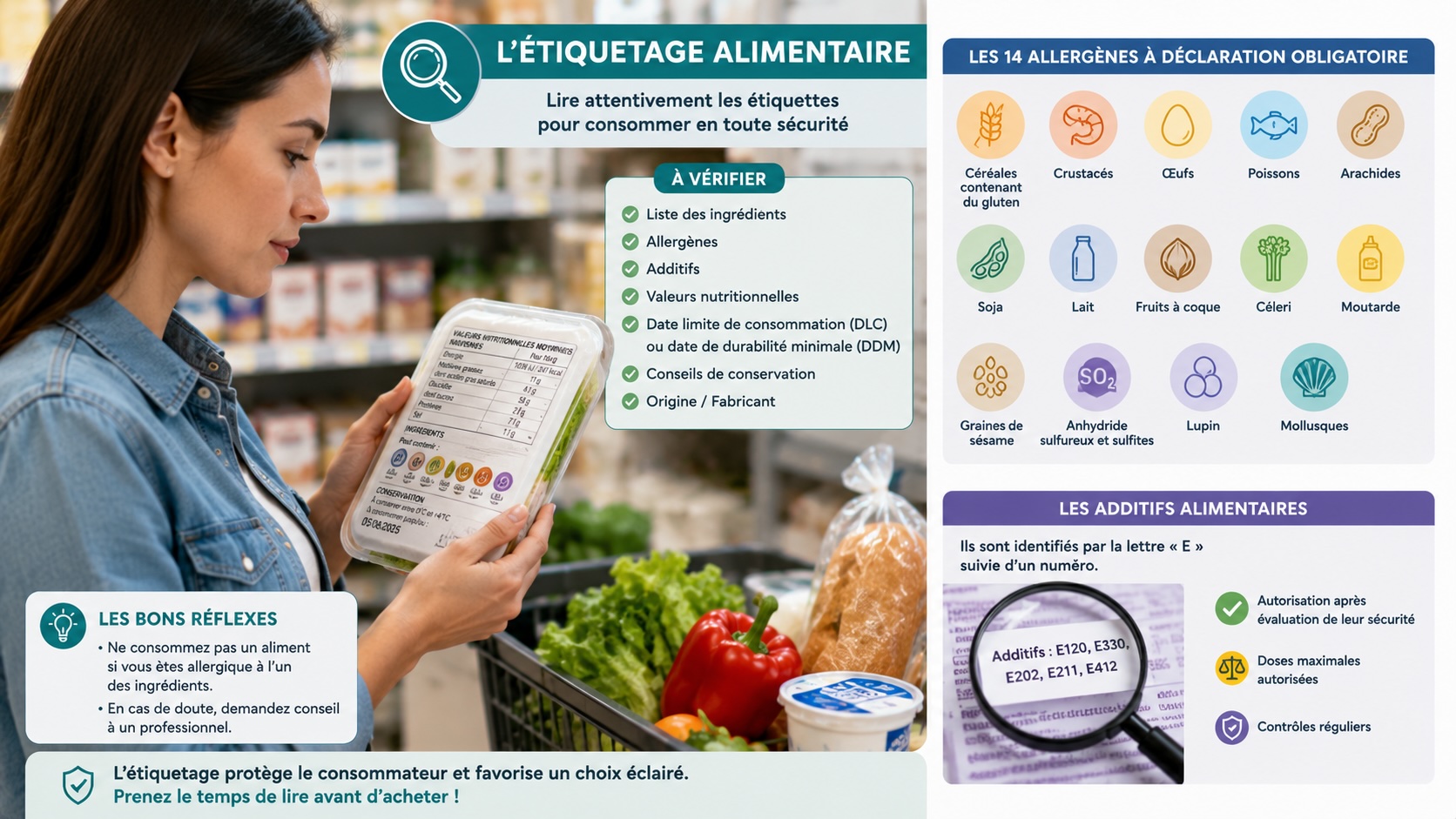 Infographie présentant les 14 allergènes à déclaration obligatoire sur les étiquettes des produits alimentaires : gluten, crustacés, œufs, poisson, arachide, soja, lait, fruits à coque, etc.