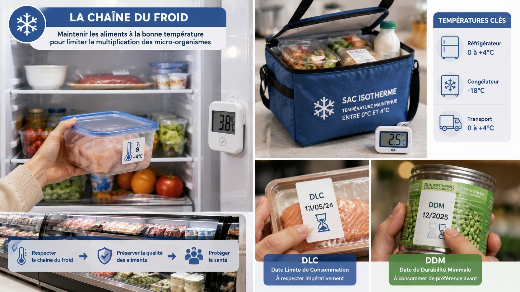 Infographie sur la chaîne du froid : la température doit rester maîtrisée du producteur au consommateur, et sur la date limite de consommation (DLC) qui ne doit pas être dépassée