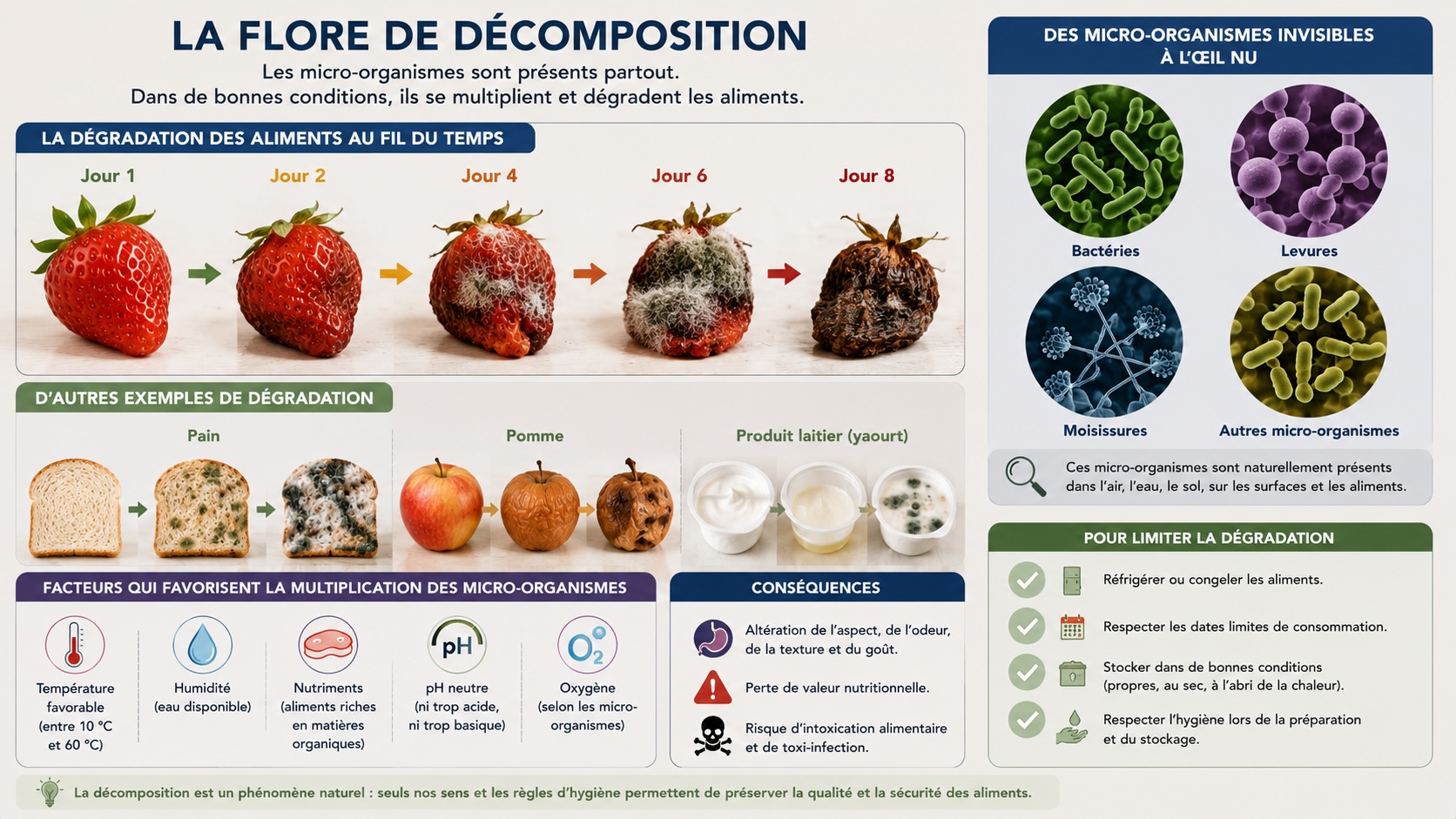 Infographie sur la flore de décomposition : les micro-organismes se multiplient rapidement en présence de matière organique, de chaleur, d'humidité et d'oxygène