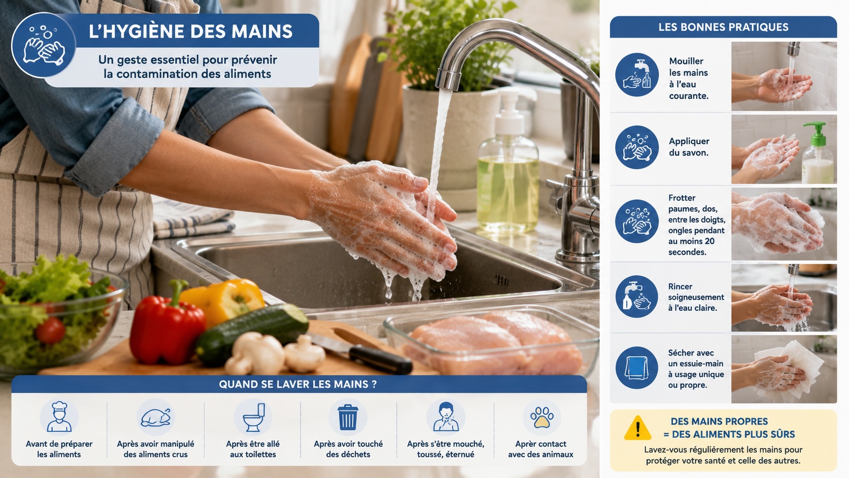 Infographie illustrant la technique du lavage des mains : eau, savon, frottement complet pendant 30 secondes, rinçage et séchage