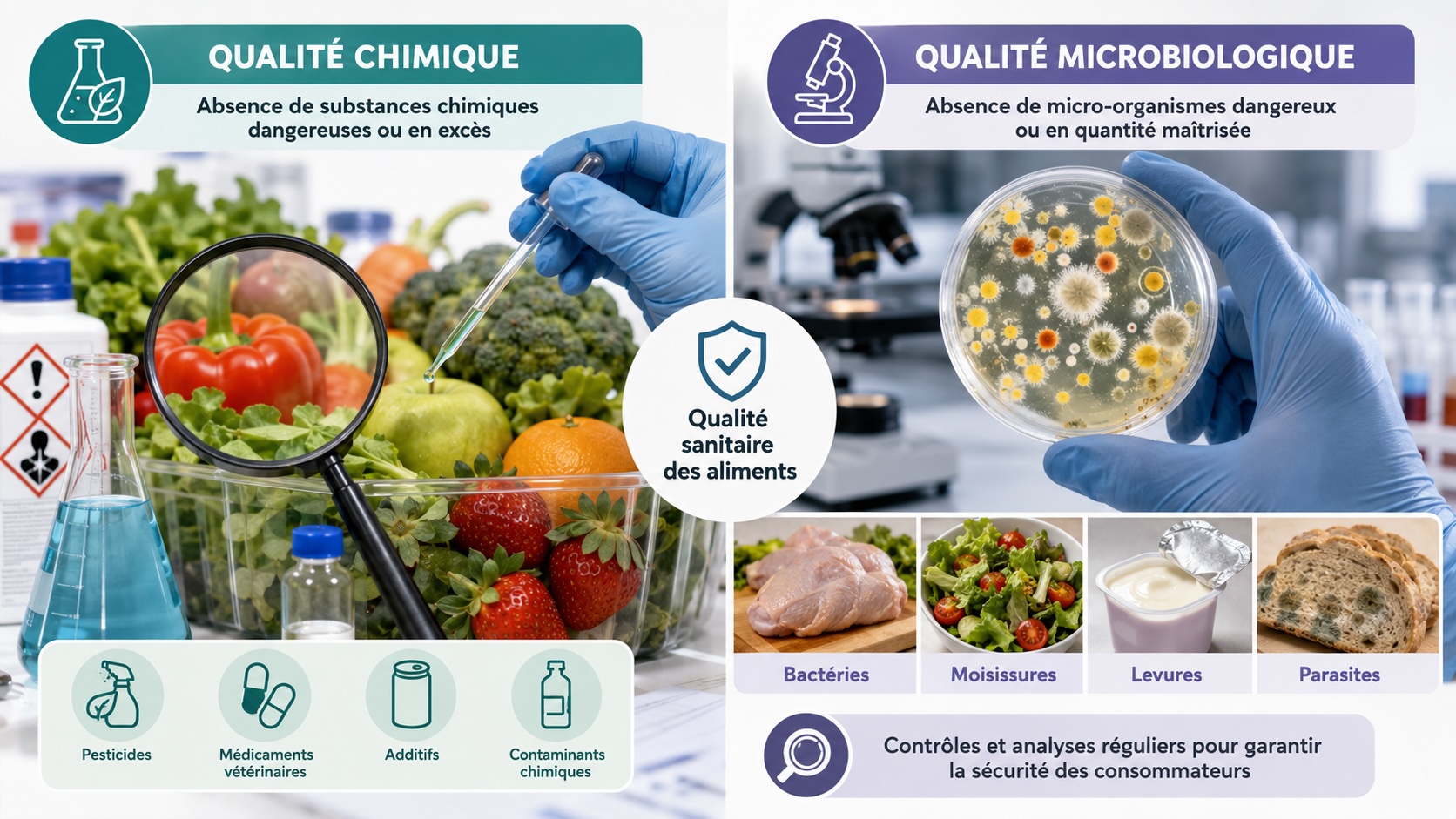 Infographie présentant les deux grands critères de la qualité sanitaire des aliments : qualité chimique (pesticides, additifs, résidus) et qualité microbiologique (bactéries, moisissures, parasites)