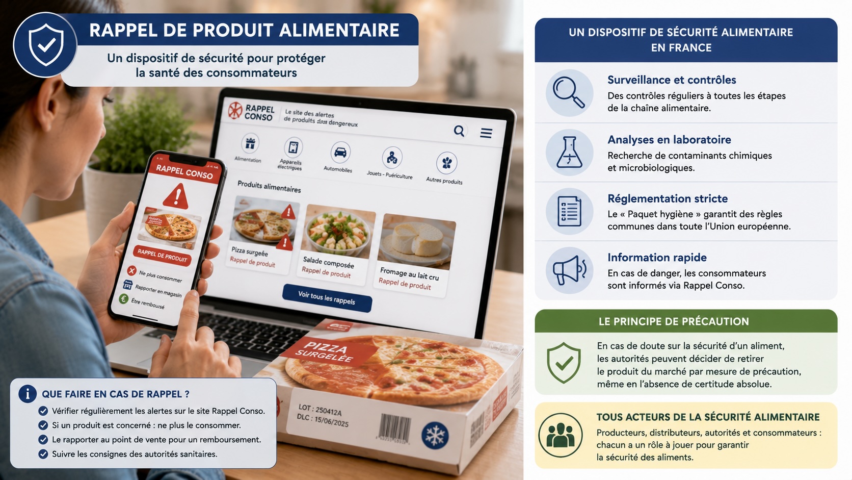 Infographie sur le système de rappel des produits alimentaires : signalement, alerte du consommateur, retour ou destruction des produits concernés
