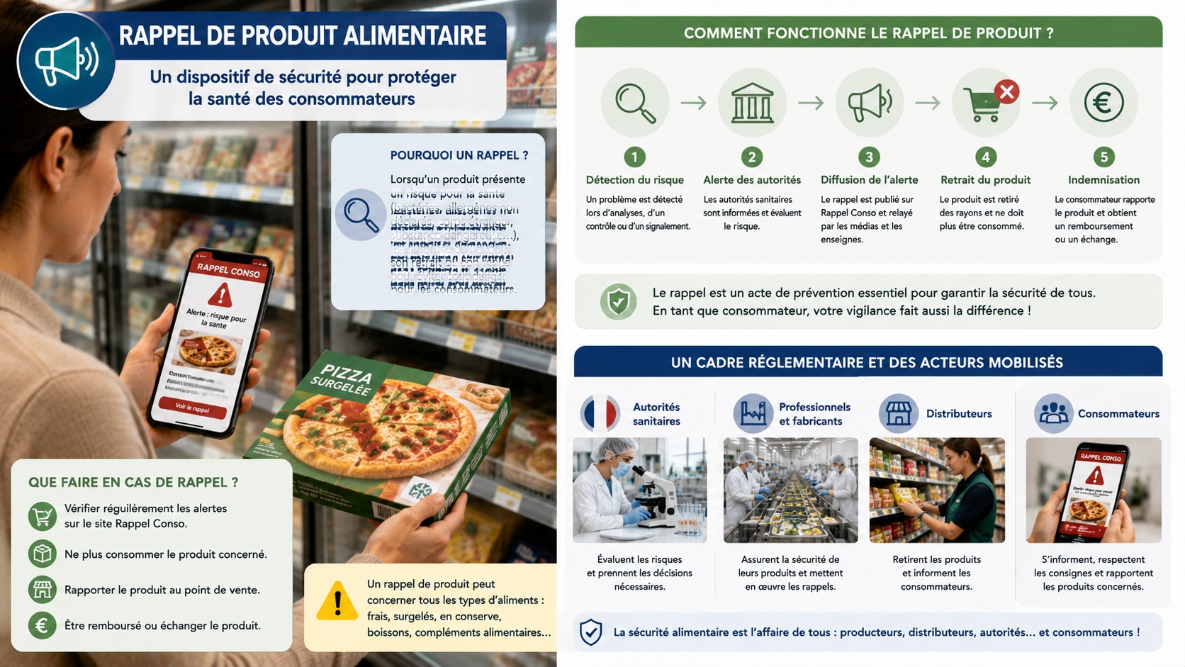 Infographie détaillant les étapes d'un rappel produit : détection du risque, notification aux autorités, diffusion de l'alerte, retrait des rayons, information du consommateur, remboursement