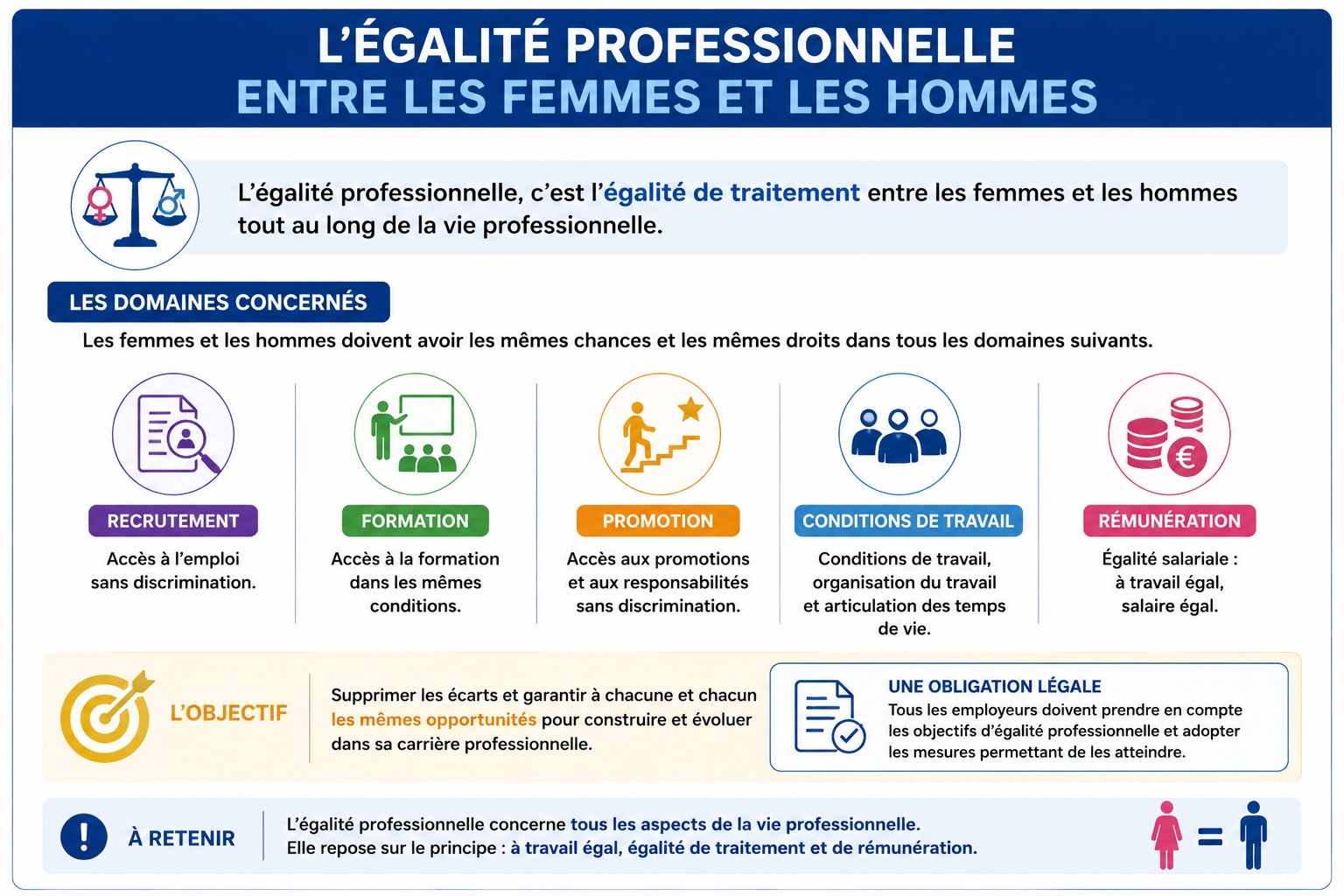 Les cinq domaines de l'égalité professionnelle : recrutement, formation, promotion, conditions de travail, rémunération