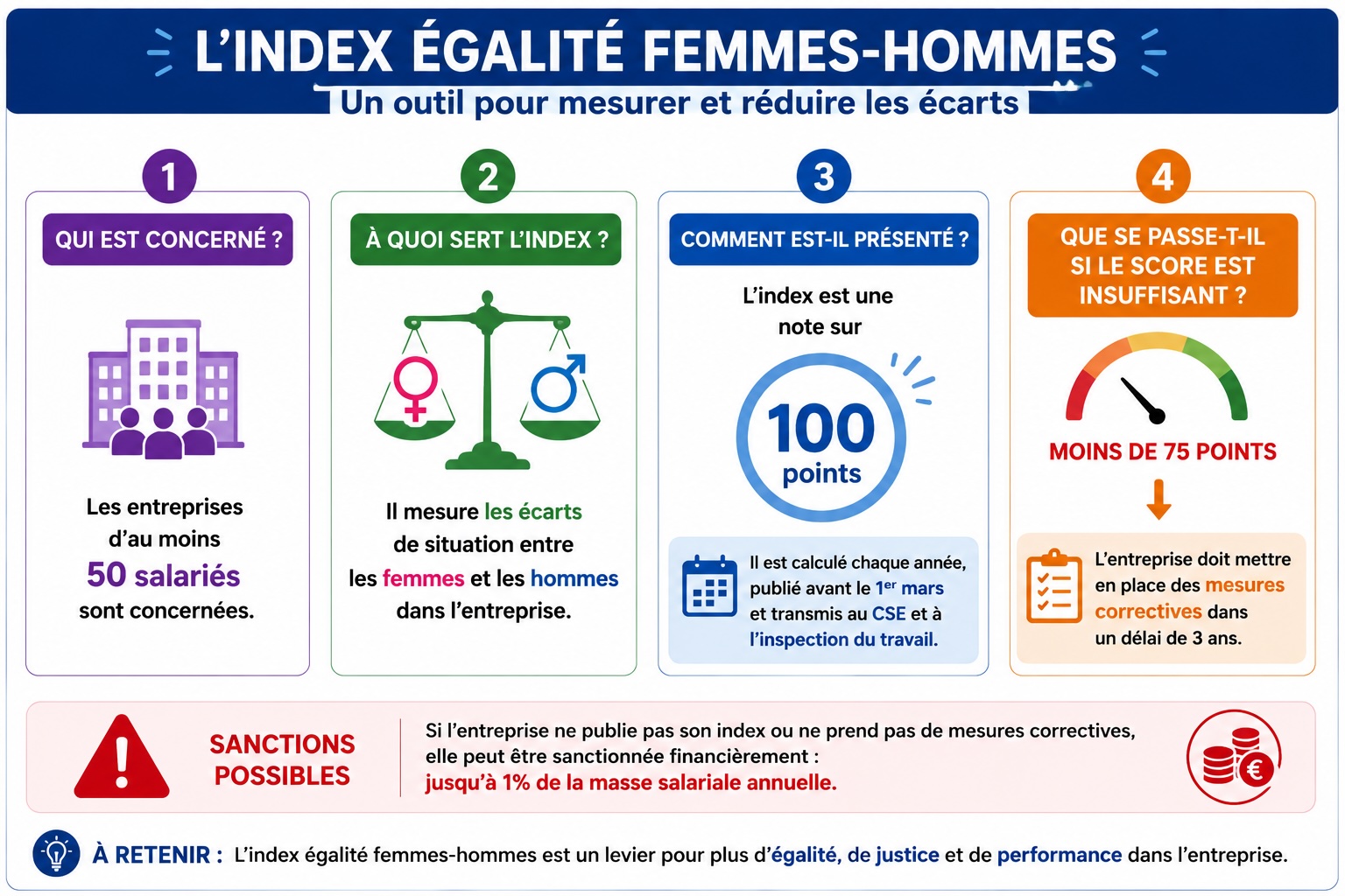Index égalité femmes-hommes : entreprises d'au moins 50 salariés, note sur 100, seuil critique à 75 points, sanction jusqu'à 1 % de la masse salariale