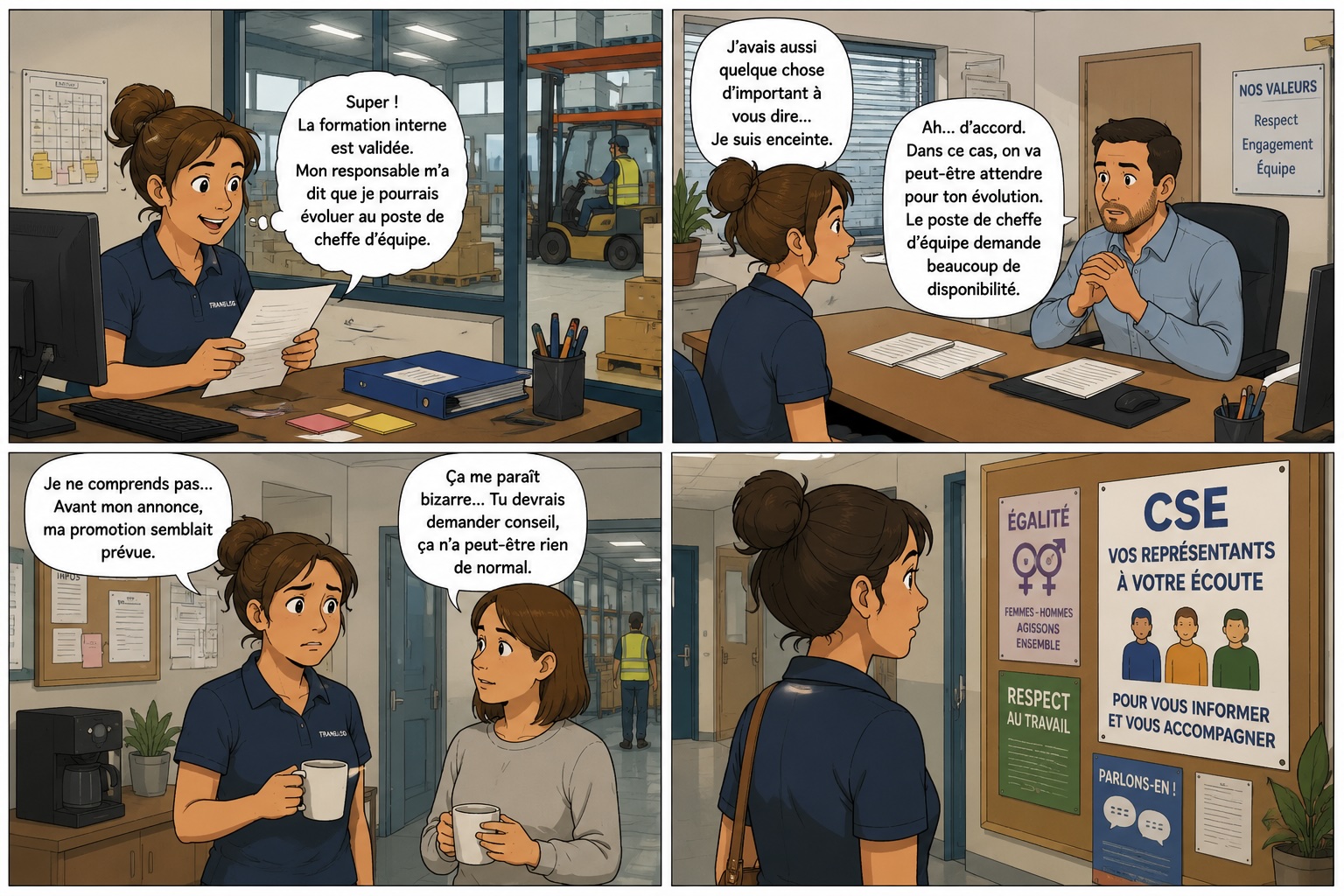 Bande dessinée en 4 vignettes : Laure, salariée en logistique, voit sa promotion remise en question après avoir annoncé sa grossesse