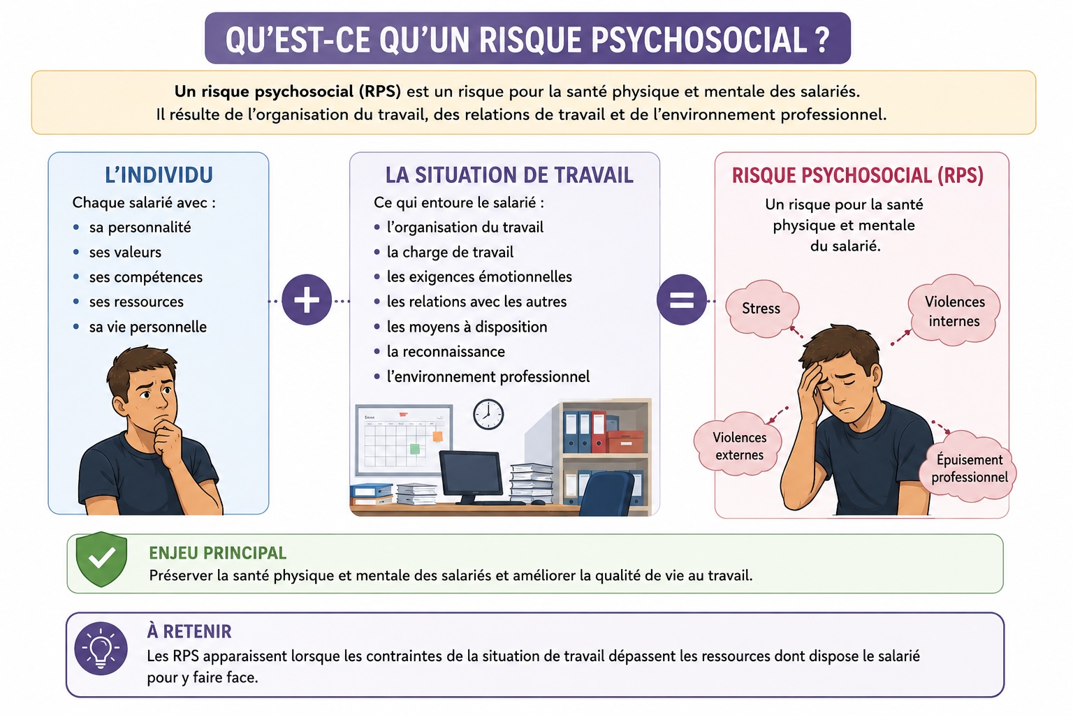 Infographie présentant les trois composantes du risque psychosocial : l'individu, la situation de travail et les conséquences possibles sur la santé physique et mentale