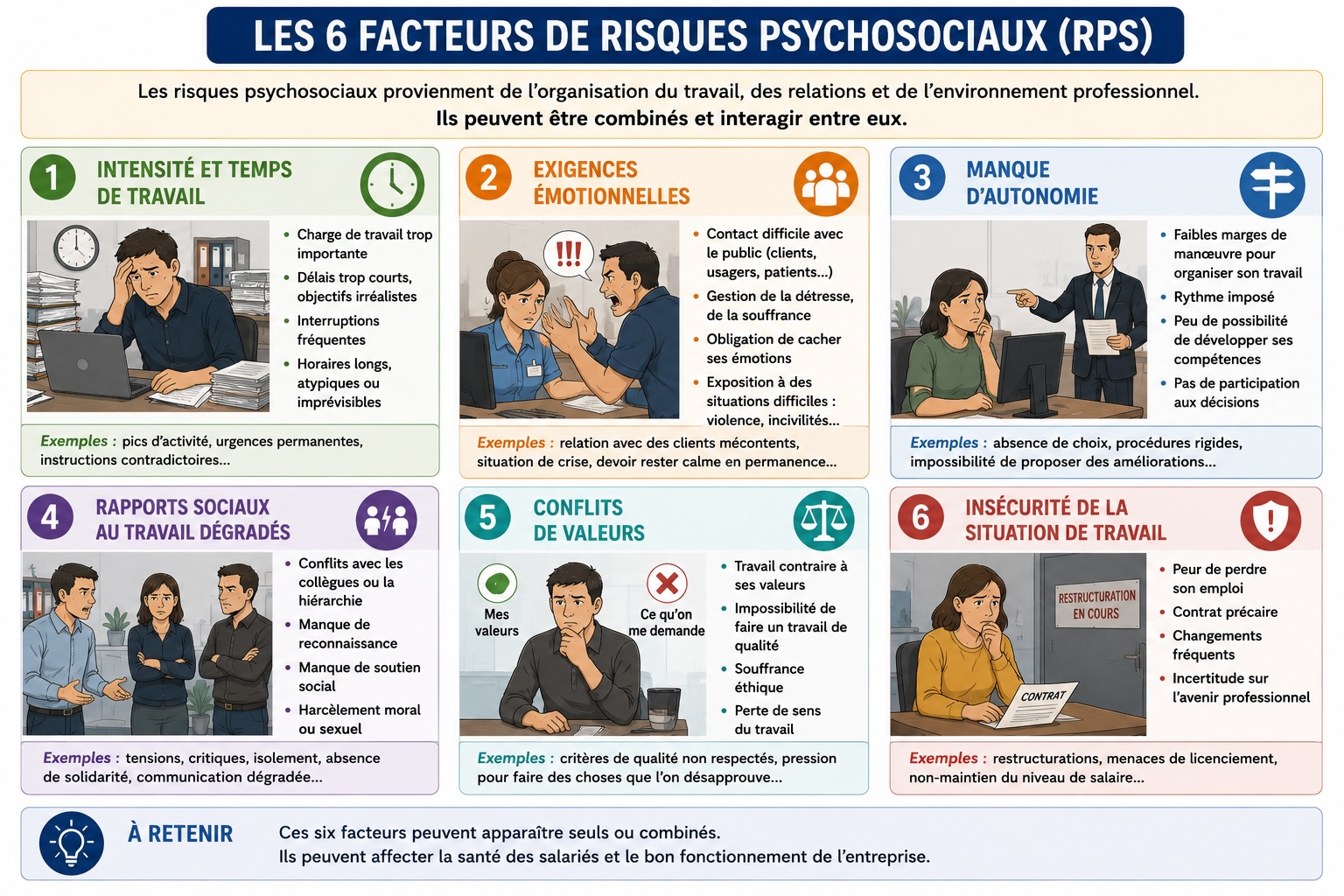 Infographie présentant les six facteurs de RPS : intensité du travail, exigences émotionnelles, manque d'autonomie, rapports sociaux dégradés, conflits de valeurs, insécurité de la situation de travail