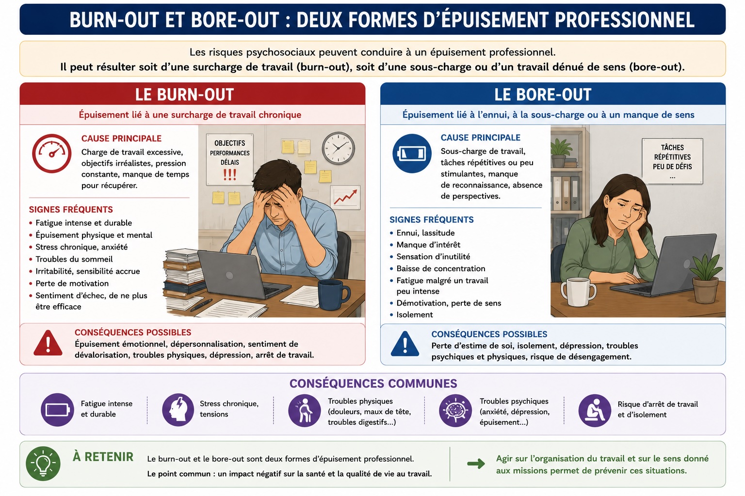 Infographie comparative entre le burn-out (épuisement par surcharge de travail) et le bore-out (épuisement par sous-charge ou perte de sens)
