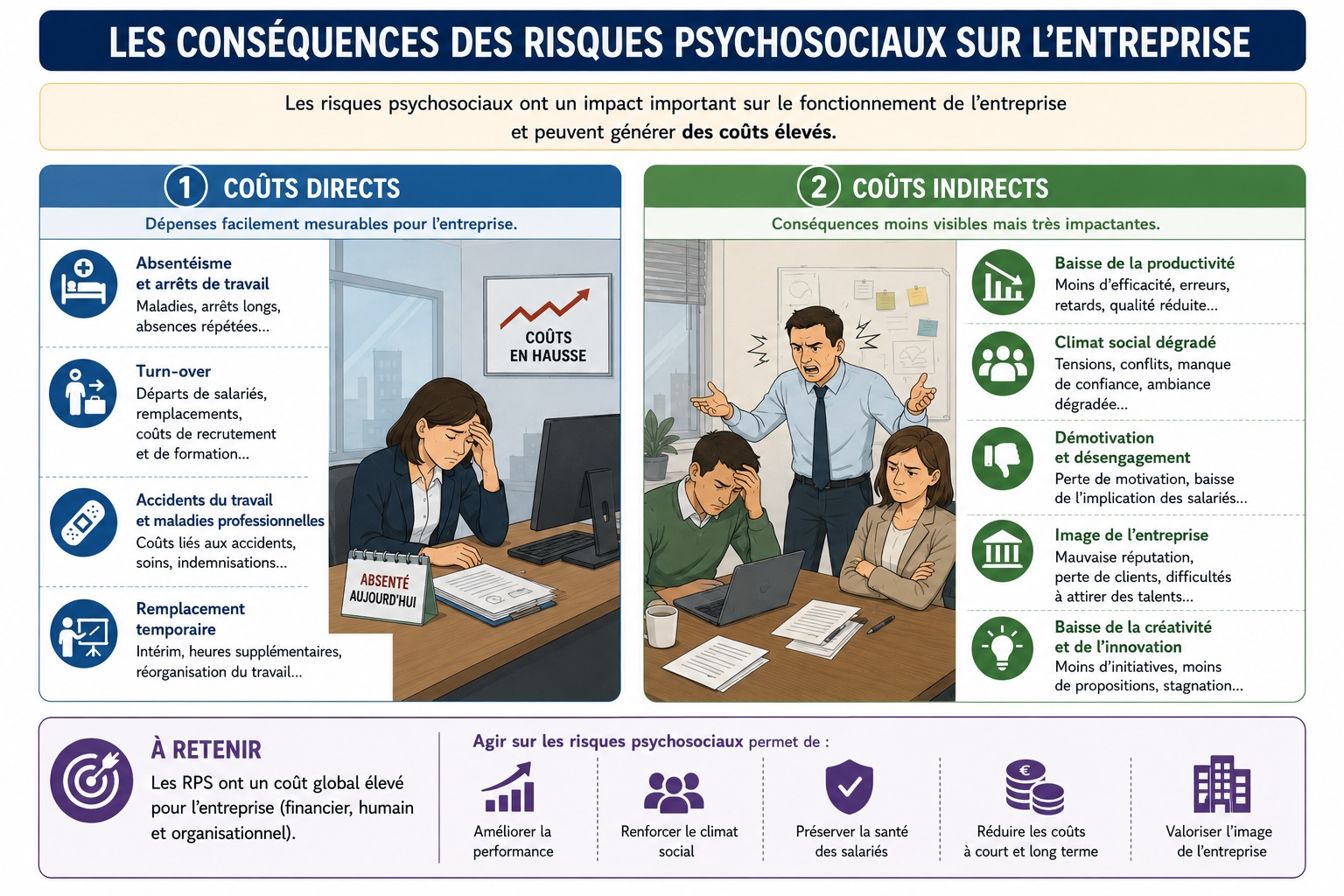 Infographie présentant les coûts directs et indirects des RPS pour l'entreprise
