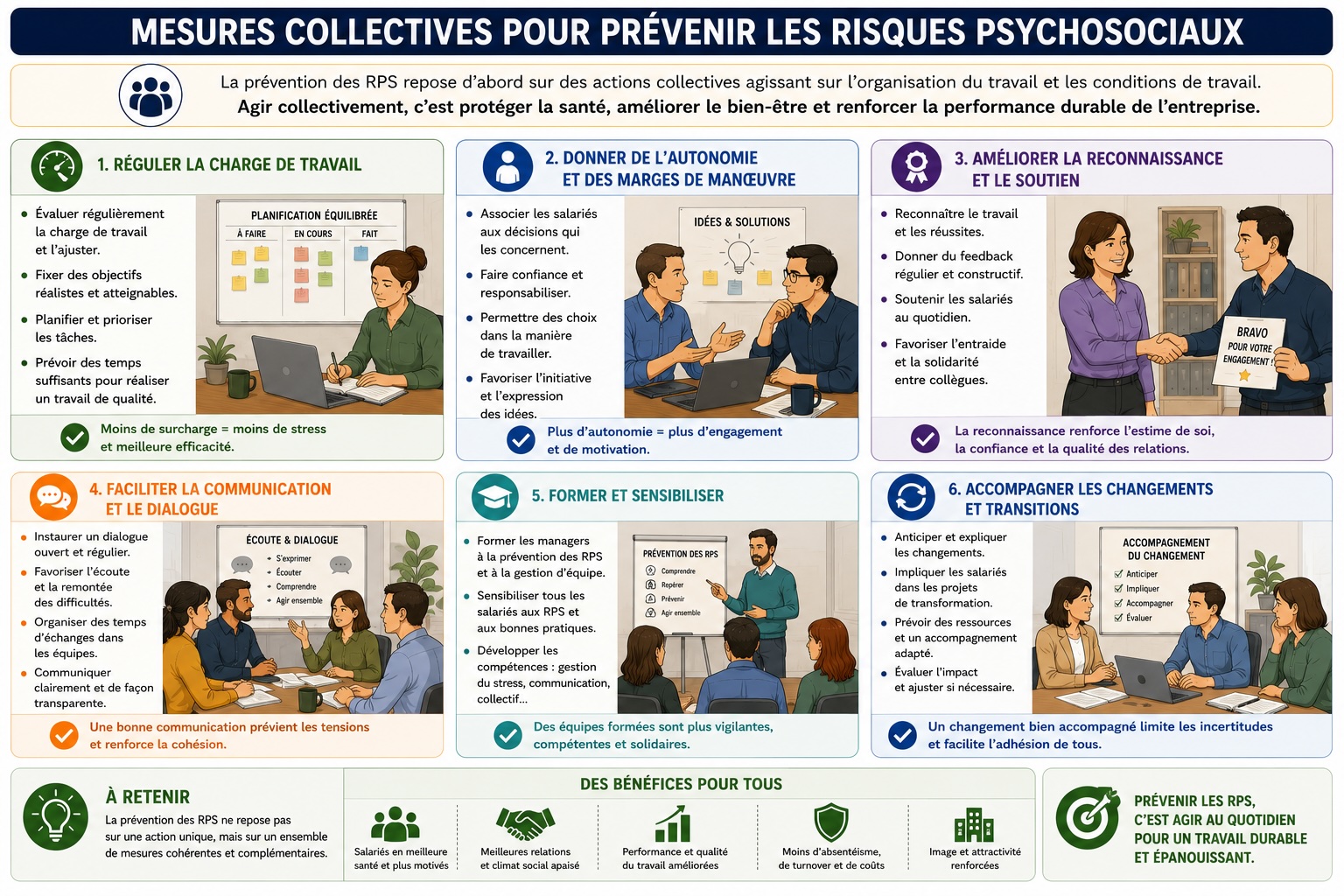 Six mesures collectives de prévention des RPS : réguler la charge, donner de l'autonomie, améliorer la reconnaissance, faciliter la communication, former et sensibiliser, accompagner les changements