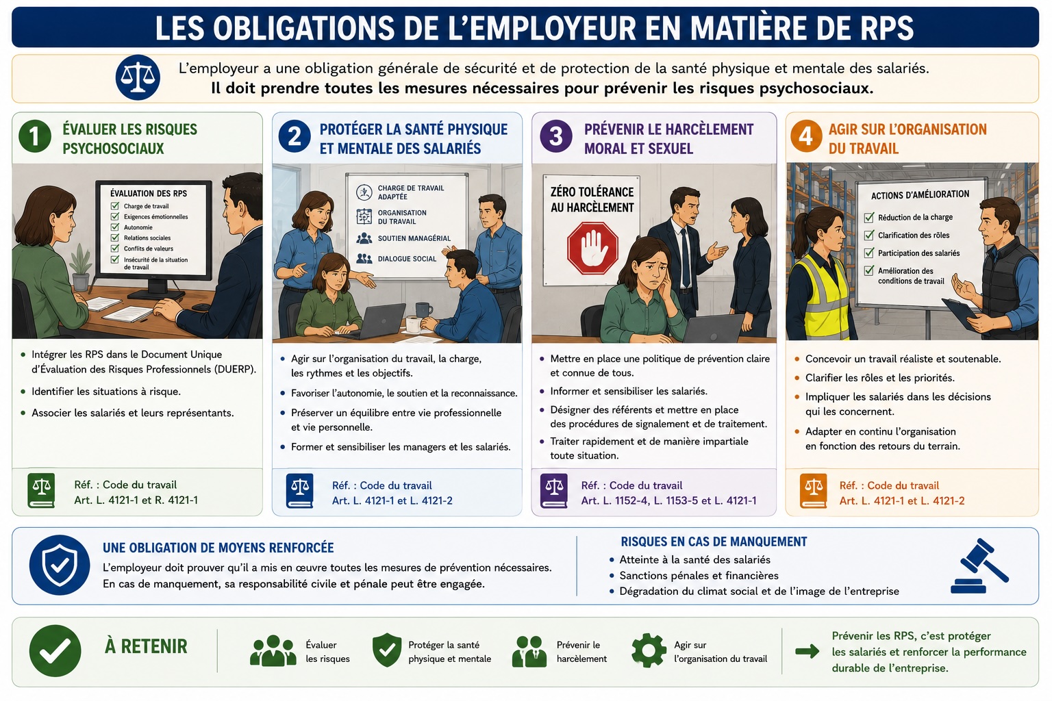 Infographie présentant les quatre obligations de l'employeur en matière de prévention des RPS