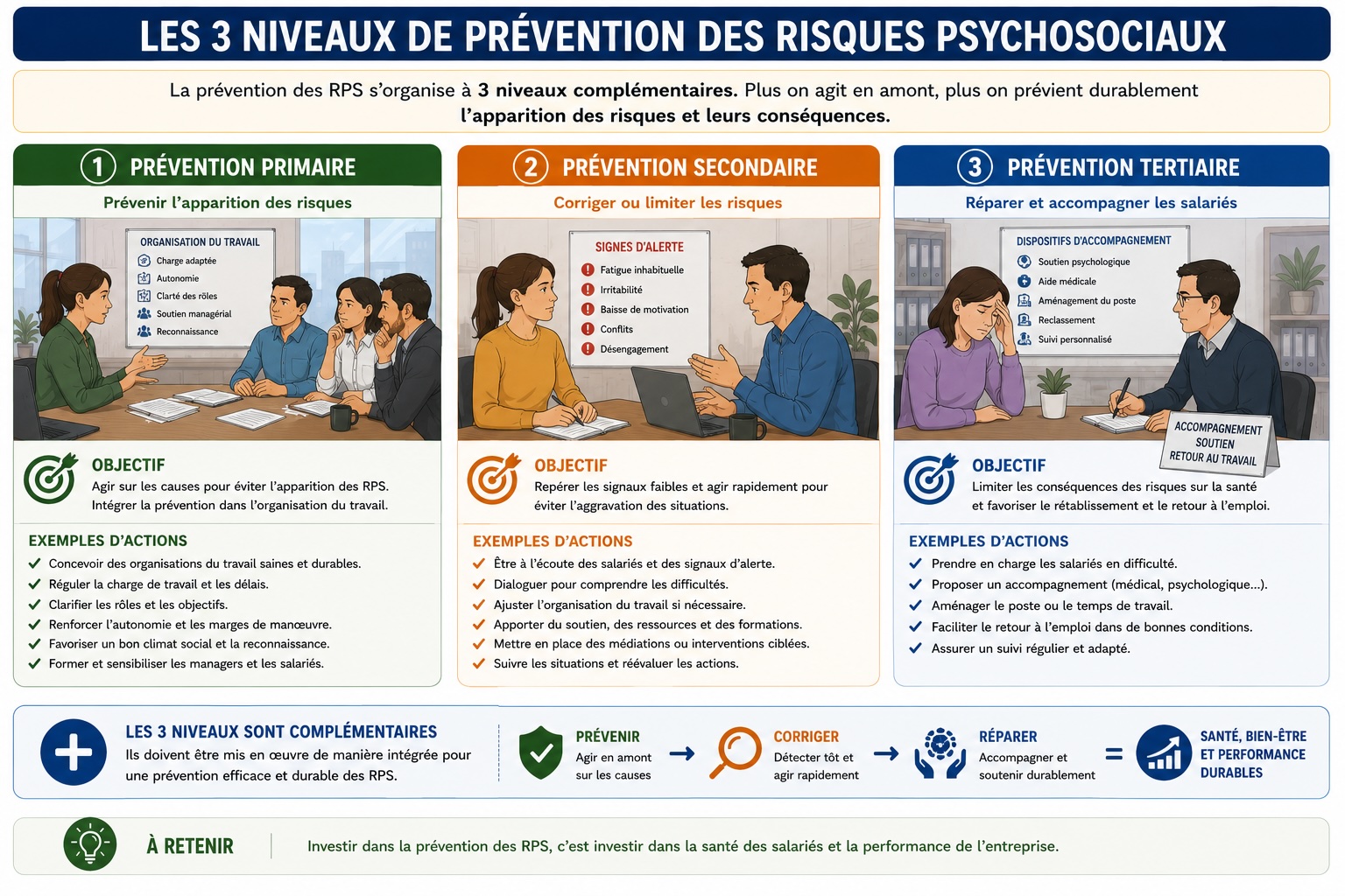Infographie présentant les trois niveaux de prévention : primaire prévenir, secondaire corriger, tertiaire réparer