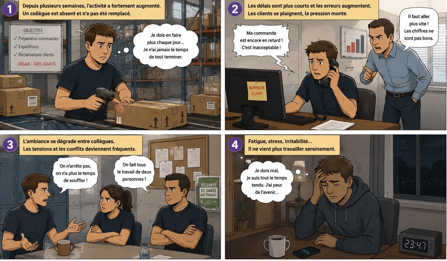 Bande dessinée en 4 vignettes montrant un salarié exposé à une surcharge de travail, à la pression hiérarchique, à des tensions entre collègues et présentant des signes de fatigue, de stress et d'inquiétude pour son avenir