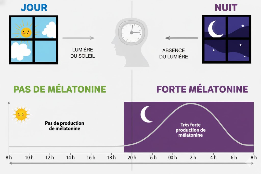 Schéma montrant le cycle Jour/Nuit, la lumière et la production de mélatonine.