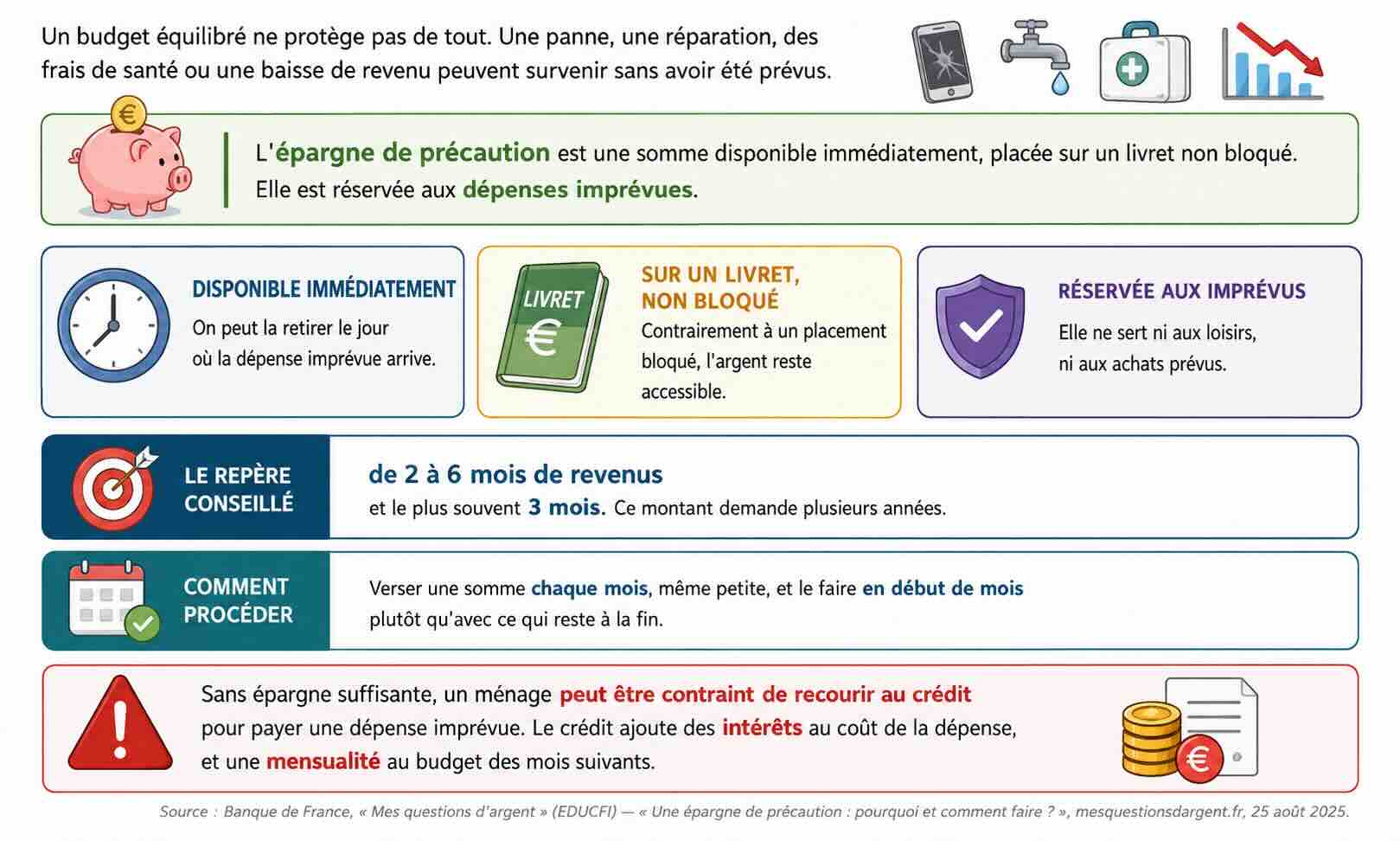 Document sur l'épargne de précaution. Définition : l'épargne de précaution est une somme disponible immédiatement, placée sur un livret non bloqué, et réservée aux dépenses imprévues. Trois caractéristiques : on peut la retirer le jour où la dépense imprévue arrive ; elle est pla