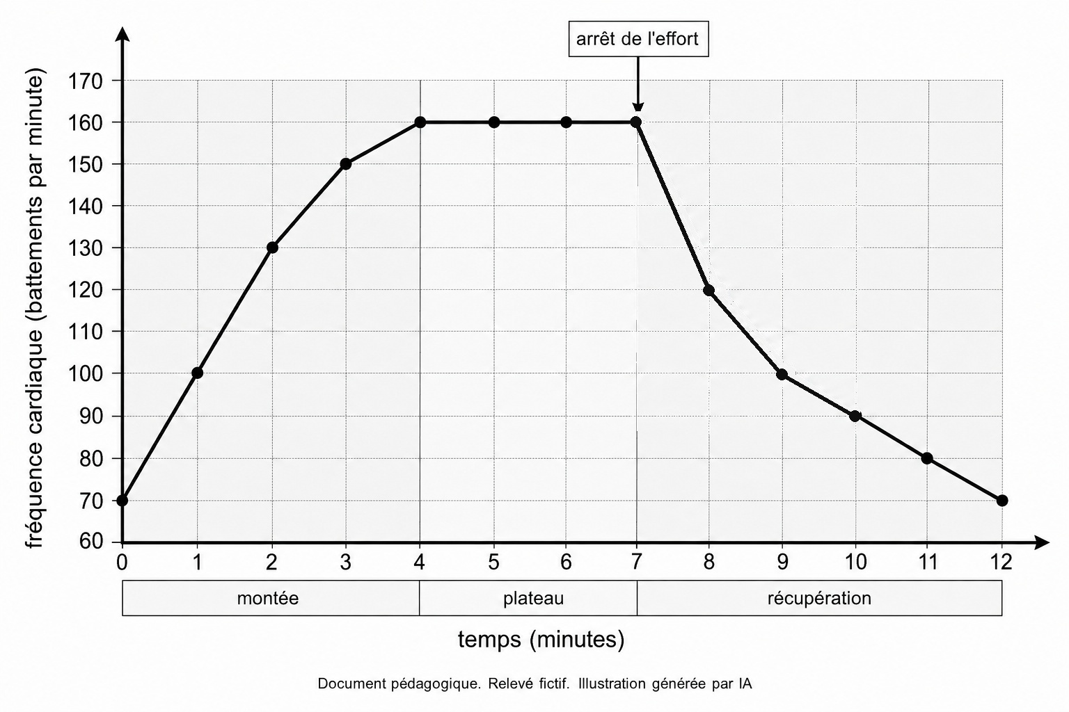 Graphique en noir et blanc. En abscisse, le temps en minutes, de 0 à 12, gradué à chaque minute. En ordonnée, la fréquence cardiaque en battements par minute, de 60 à 170, graduée tous les 10. La courbe part de 70 battements à la minute 0, monte à 100 à la minute 1, 130 à la minute 2, 150 à la minute 3, puis atteint 160 à la minute 4 et reste à 160 jusqu'à la minute 7. Une flèche verticale à la minute 7 porte l'étiquette arrêt de l'effort. La courbe redescend ensuite à 120 à la minute 8, 100 à la minute 9, 90 à la minute 10, 80 à la minute 11 et 70 à la minute 12. Trois bandes légendées sous l'axe indiquent la montée, le plateau et la récupération.