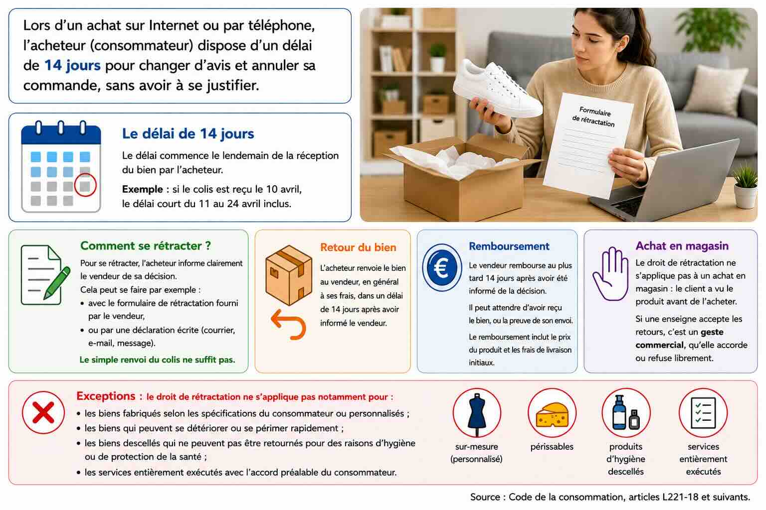 Panneau composé de sept encadrés et d'une photographie. Encadré d'introduction : lors d'un achat sur Internet ou par téléphone, l'acheteur dispose d'un délai de 14 jours pour changer d'avis et annuler sa commande, sans avoir à se justifier. Photographie : une cliente assise devant un ordinateur portable tient une chaussure sortie d'un carton ouvert, et lit un formulaire de rétractation. Encadré « Le délai de 14 jours », avec un calendrier : le délai commence le lendemain de la réception du bien par l'acheteur. Exemple : si le colis est reçu le 10 avril, le délai court du 11 au 24 avril inclus. Encadré « Comment se rétracter ? », avec une feuille et un stylo : pour se rétracter, l'acheteur informe clairement le vendeur de sa décision. Cela peut se faire par exemple avec le formulaire de rétractation fourni par le vendeur, ou par une déclaration écrite, courrier, courriel ou message. Le simple renvoi du colis ne suffit pas. Encadré « Retour du bien », avec un carton et une flèche de retour : l'acheteur renvoie le bien au vendeur, en général à ses frais, dans un délai de 14 jours après avoir informé le vendeur. Encadré « Remboursement », avec un symbole euro : le vendeur rembourse au plus tard 14 jours après avoir été informé de la décision. Il peut attendre d'avoir reçu le bien, ou la preuve de son envoi. Le remboursement inclut le prix du produit et les frais de livraison initiaux. Encadré « Achat en magasin », avec une main levée : le droit de rétractation ne s'applique pas à un achat en magasin, car le client a vu le produit avant de l'acheter. Si une enseigne accepte les retours, c'est un geste commercial, qu'elle accorde ou refuse librement. Encadré « Exceptions », avec une croix : le droit de rétractation ne s'applique pas notamment aux biens fabriqués selon les spécifications du consommateur ou personnalisés, aux biens qui peuvent se détériorer ou se périmer rapidement, aux biens descellés qui ne peuvent pas être retournés pour des raisons d'hygiène ou de protection de la santé, et aux services entièrement exécutés avec l'accord préalable du consommateur. Quatre pictogrammes barrés accompagnent ces exceptions, légendés sur-mesure, périssables, produits d'hygiène descellés, services entièrement exécutés.