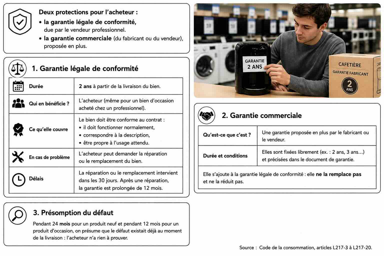 Panneau composé de quatre encadrés et d'une photographie. Encadré d'introduction, avec un bouclier : deux protections pour l'acheteur. La garantie légale de conformité, due par le vendeur professionnel. La garantie commerciale, du fabricant ou du vendeur, proposée en plus. Photographie : dans un magasin d'électroménager, un vendeur pose sur une cafetière une étiquette portant « garantie 2 ans » ; à côté, le carton de la cafetière porte la mention « garantie fabricant 2 ans ». Partie 1, « Garantie légale de conformité », présentée en tableau de cinq lignes. Ligne Durée : 2 ans à partir de la livraison du bien. Ligne Qui en bénéficie : l'acheteur, même pour un bien d'occasion acheté chez un professionnel. Ligne Ce qu'elle couvre : le bien doit être conforme au contrat, c'est-à-dire fonctionner normalement, correspondre à la description, et être propre à l'usage attendu. Ligne En cas de problème : l'acheteur peut demander la réparation ou le remplacement du bien. Ligne Délais : la réparation ou le remplacement intervient dans les 30 jours ; après une réparation, la garantie est prolongée de 12 mois. Partie 2, « Garantie commerciale », présentée en tableau. Ligne Qu'est-ce que c'est : une garantie proposée en plus par le fabricant ou le vendeur. Ligne Durée et conditions : elles sont fixées librement, par exemple 2 ans ou 3 ans, et précisées dans le document de garantie. Sous ce tableau : elle s'ajoute à la garantie légale de conformité, elle ne la remplace pas et ne la réduit pas. Partie 3, « Présomption du défaut », avec une loupe : pendant 24 mois pour un produit neuf et pendant 12 mois pour un produit d'occasion, on présume que le défaut existait déjà au moment de la livraison ; l'acheteur n'a rien à prouver.