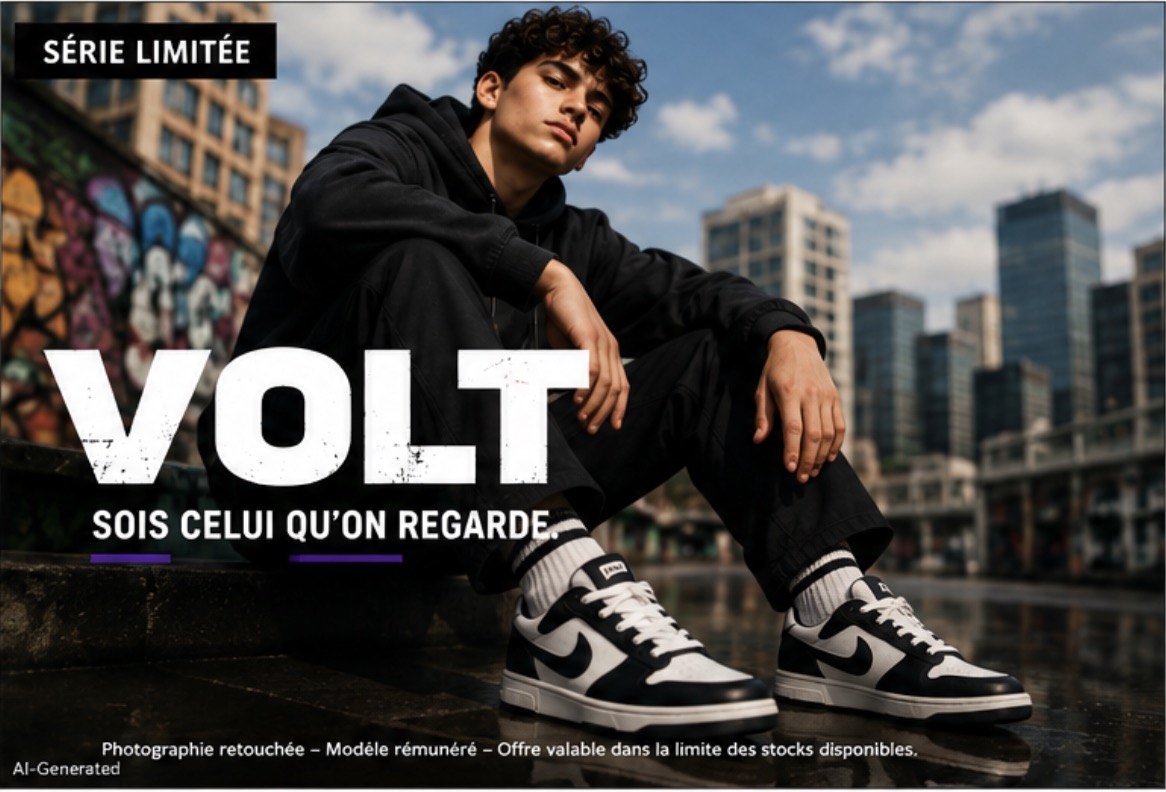 Affiche publicitaire fictive : un jeune homme assis en ville, la marque VOLT et le slogan « Sois celui qu'on regarde »