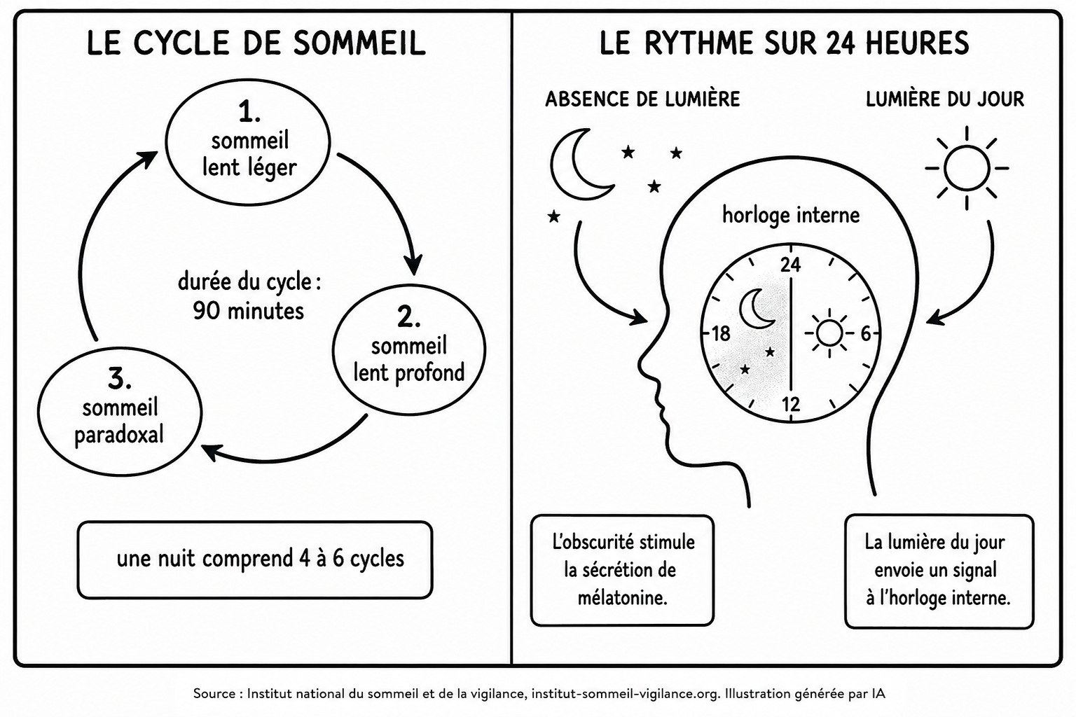 Schéma en noir et blanc, en deux panneaux. Le panneau de gauche, titré le cycle de sommeil, montre trois ovales disposés en cercle et reliés par des flèches formant une boucle : un, sommeil lent léger ; deux, sommeil lent profond ; trois, sommeil paradoxal. Au centre du cercle est écrit : durée du cycle, 90 minutes. Sous le cercle, un encadré indique qu'une nuit comprend 4 à 6 cycles. Le panneau de droite, titré le rythme sur 24 heures, montre un profil de tête sans visage. À l'intérieur de la tête, une horloge graduée 6, 12, 18 et 24 heures, avec une moitié nuit et une moitié jour. À gauche, une lune et des étoiles, avec la mention : l'obscurité stimule la sécrétion de mélatonine. À droite, un soleil, avec la mention : la lumière du jour envoie un signal à l'horloge interne.