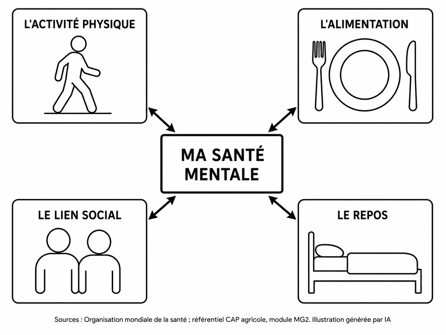 Schéma en noir et blanc. Au centre, un cadre porte la mention : ma santé mentale. Autour de lui, quatre blocs de taille identique, reliés au cadre central par des flèches à double pointe. En haut à gauche, l'activité physique, avec une silhouette sans visage qui marche. En haut à droite, l'alimentation, avec une assiette et des couverts. En bas à gauche, le lien social, avec deux silhouettes sans visage côte à côte. En bas à droite, le repos, avec un lit vide vu de profil.