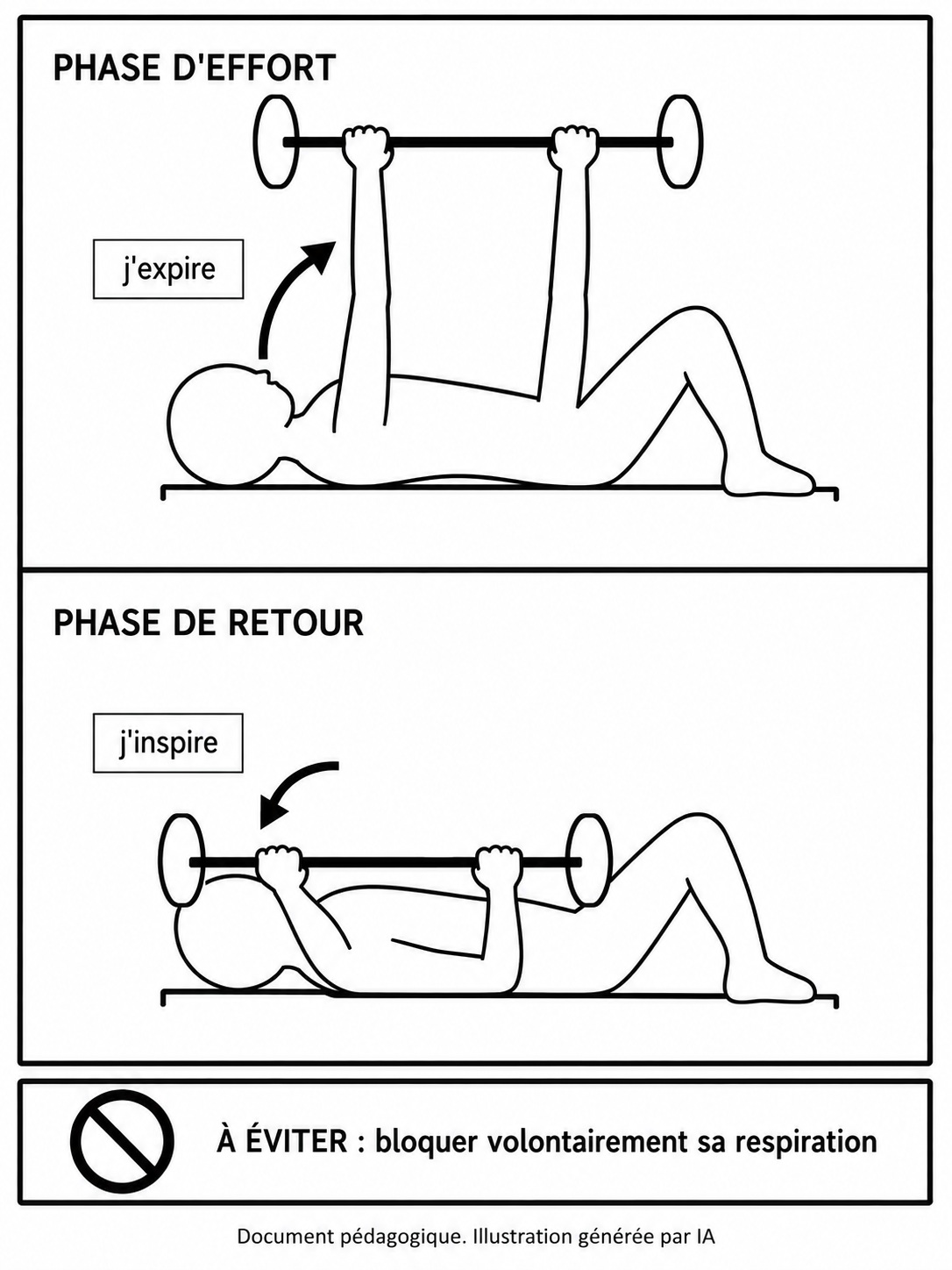 Schéma en noir et blanc, en deux vignettes superposées. Vignette du haut, titrée phase d'effort : une silhouette sans visage est allongée sur un banc et pousse une barre de musculation vers le haut, bras tendus. Une flèche courbe sort de sa bouche, avec l'étiquette j'expire. Vignette du bas, titrée phase de retour : la même silhouette a les coudes pliés et la barre est redescendue près de la poitrine. Une flèche courbe entre dans sa bouche, avec l'étiquette j'inspire. Sous les deux vignettes, un bandeau encadré porte un pictogramme d'interdiction et la mention : à éviter, bloquer volontairement sa respiration.
