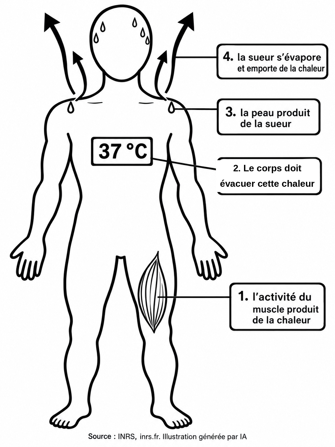 Schéma en noir et blanc. Une silhouette humaine vue de face, sans visage. Un muscle est dessiné dans la cuisse, en forme allongée striée : il porte l'étiquette numéro 1, l'activité du muscle produit de la chaleur. Au centre de la poitrine, un cadre indique 37 degrés Celsius : il porte l'étiquette numéro 2, le corps doit évacuer cette chaleur. Des gouttes de sueur sont posées sur le front et sur les épaules : elles portent l'étiquette numéro 3, la peau produit de la sueur. Au-dessus de chaque goutte, une flèche épaisse monte et s'éloigne du corps : elle porte l'étiquette numéro 4, la sueur s'évapore et emporte de la chaleur.