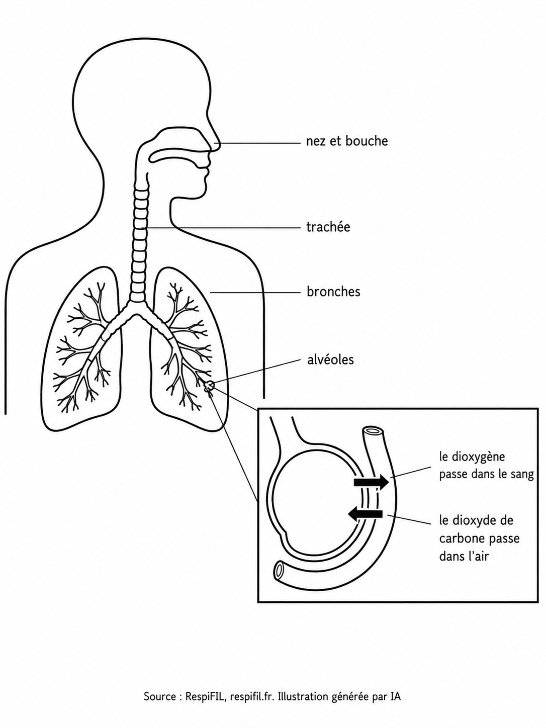 Schéma en noir et blanc. À gauche, un buste vu de face, sans visage. À l'intérieur, le trajet de l'air est dessiné et légendé en quatre étapes : le nez et la bouche en haut, puis la trachée, un conduit vertical qui descend au milieu, puis les bronches, deux conduits qui partent vers les deux poumons et s'y divisent en conduits de plus en plus fins, puis les alvéoles au bout de ces conduits. À droite, un encart carré agrandit une seule alvéole : un sac rond entouré d'un vaisseau sanguin. Deux flèches traversent la paroi entre les deux, en sens opposés. La première va de l'alvéole vers le vaisseau et porte la mention : le dioxygène passe dans le sang. La seconde va du vaisseau vers l'alvéole et porte la mention : le dioxyde de carbone passe dans l'air.