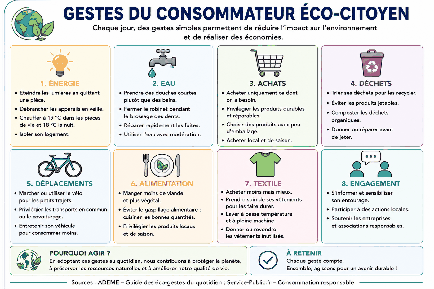 Infographie présentant des gestes de consommation responsables dans huit domaines : énergie, eau, achats, déchets, déplacements, alimentation, textile et engagement. Les exemples incluent l'extinction des lumières, la réduction des veilles, les douches courtes, les achats durables, le tri, les mobilités actives et la réduction du gaspillage.