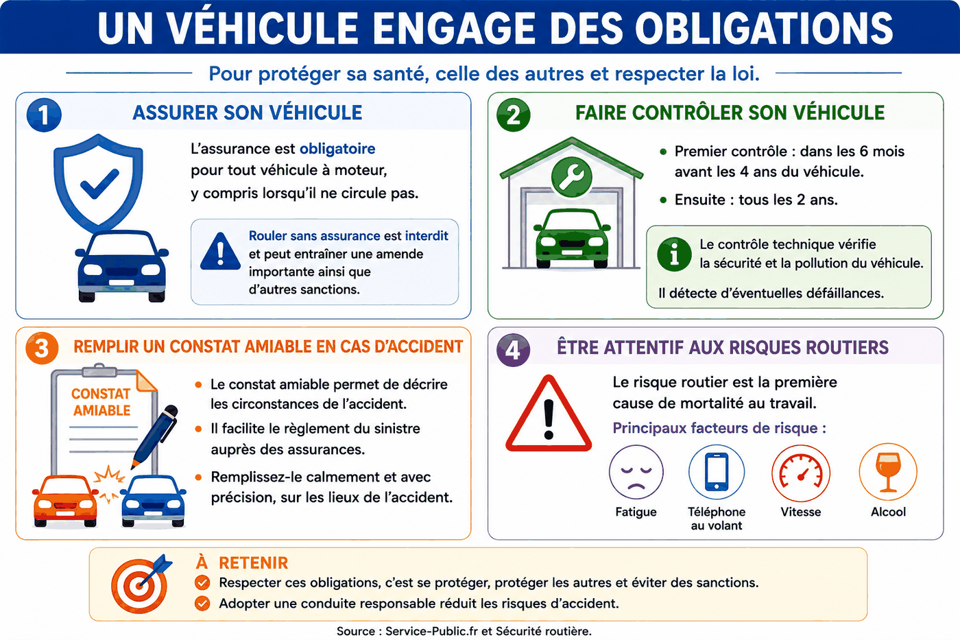 Infographie intitulée Un véhicule engage des obligations. Quatre rubriques sont présentées : assurer son véhicule, faire contrôler son véhicule, remplir un constat amiable en cas d'accident et être attentif aux risques routiers. Le contrôle technique est présenté avec un premier contrôle dans les six mois avant les quatre ans du véhicule, puis tous les deux ans. Le constat amiable sert à décrire les circonstances d'un accident. Les principaux facteurs de risque présentés sont la fatigue, le téléphone au volant, la vitesse et l'alcool. Les sources indiquées au bas du document sont Service-Public.fr et Sécurité routière.