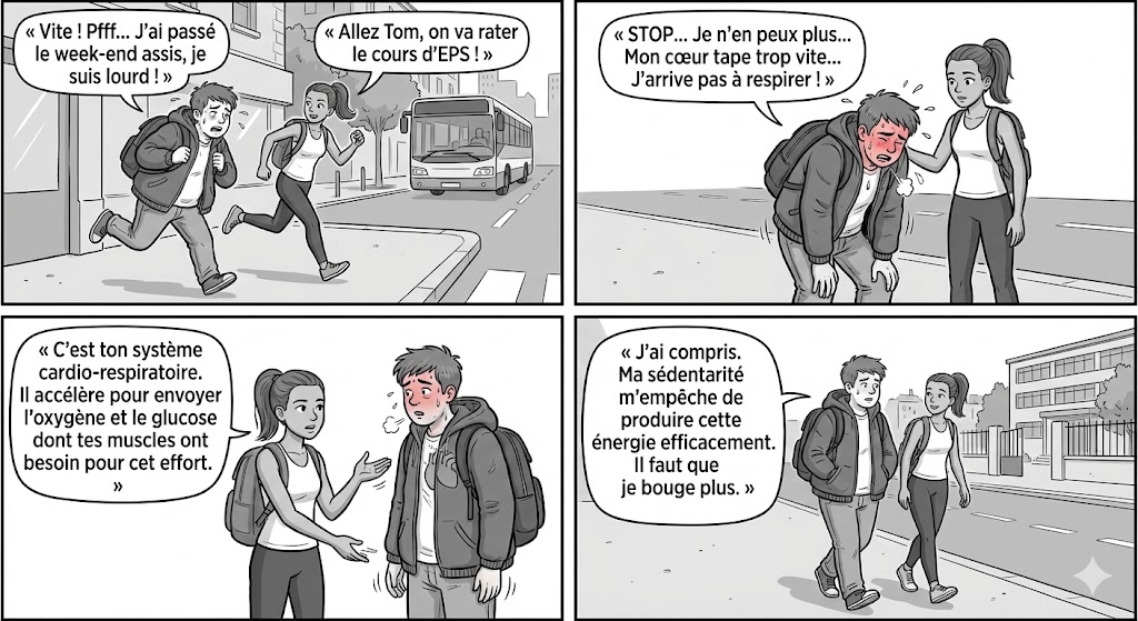 BD : Tom court pour aller en EPS et parle de sédentarité