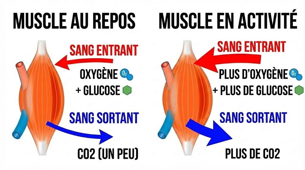 Infographie : muscle au repos et muscle en activité avec sang entrant et sortant