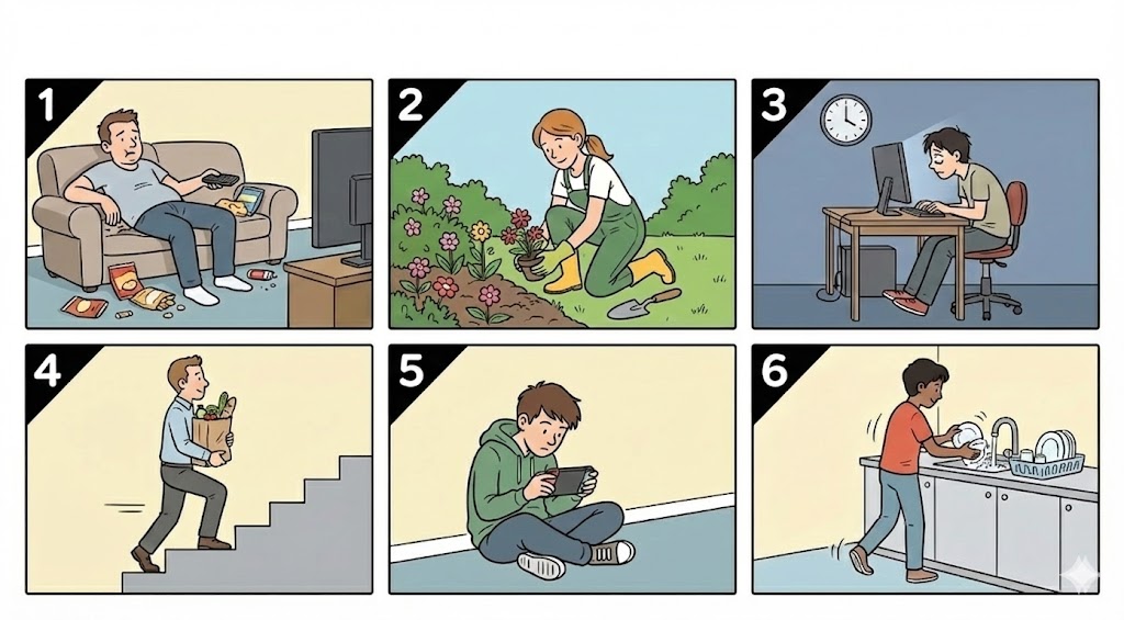 6 vignettes sur des situations du quotidien (numérotées 1 à 6)