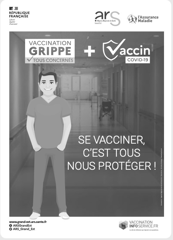 Affiche ARS Grand Est – Se vacciner, c'est tous nous protéger – professionnels de santé