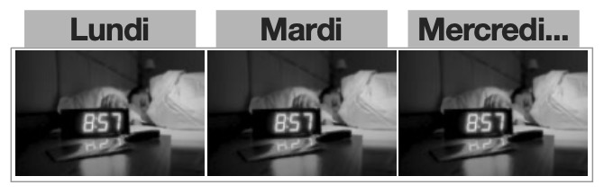 Réveil affichant 8h57 sur plusieurs jours, pour rappeler de se coucher et se lever à heures régulières.