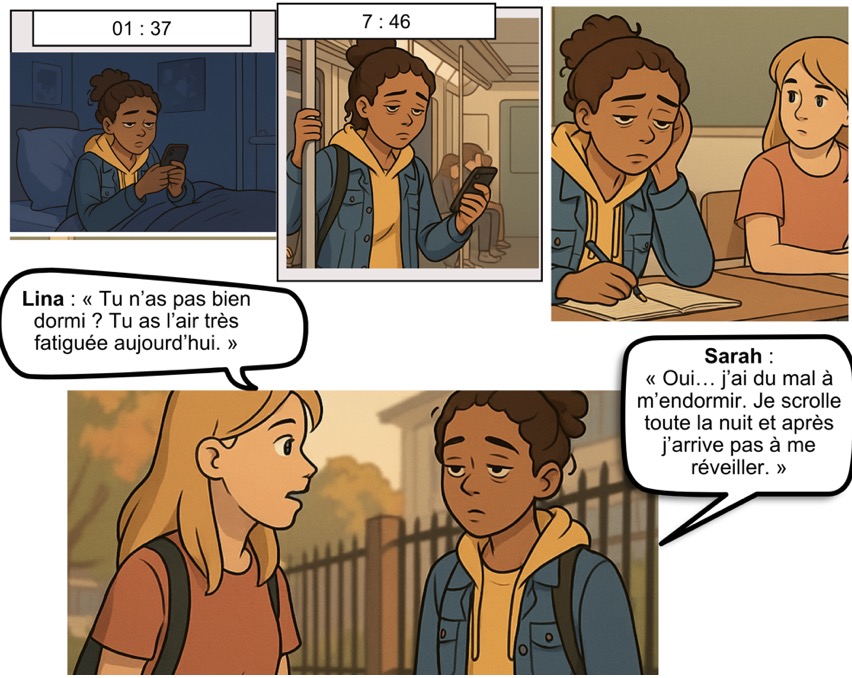 Bande dessinée montrant Sarah et Lina parlant de fatigue et de sommeil.